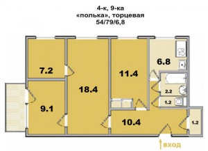 4 ком. квартира, в панельном доме, "полька" торцевая