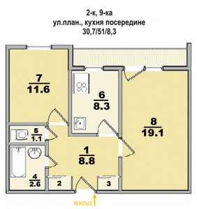 2 ком. квартира, улучшенной планировки, кухня посередине, с лоджией