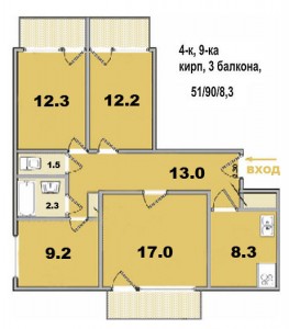 4 ком. квартира, в 9-ти этажке, кирпичный дом