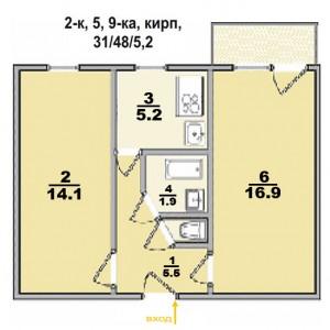 2 ком. квартира, в кирпичном доме, кухня посередине