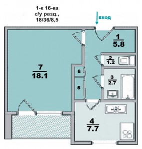 1 ком. квартира, в 16-ти этажке, санузел раздельный