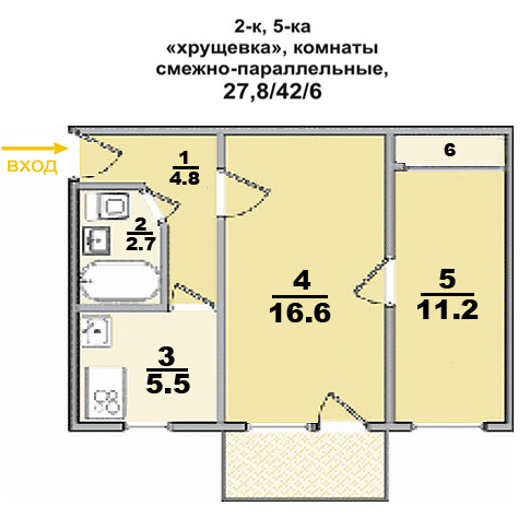 2 ком. квартира, в 5-ти этажке, комнаты смежно-параллельные
